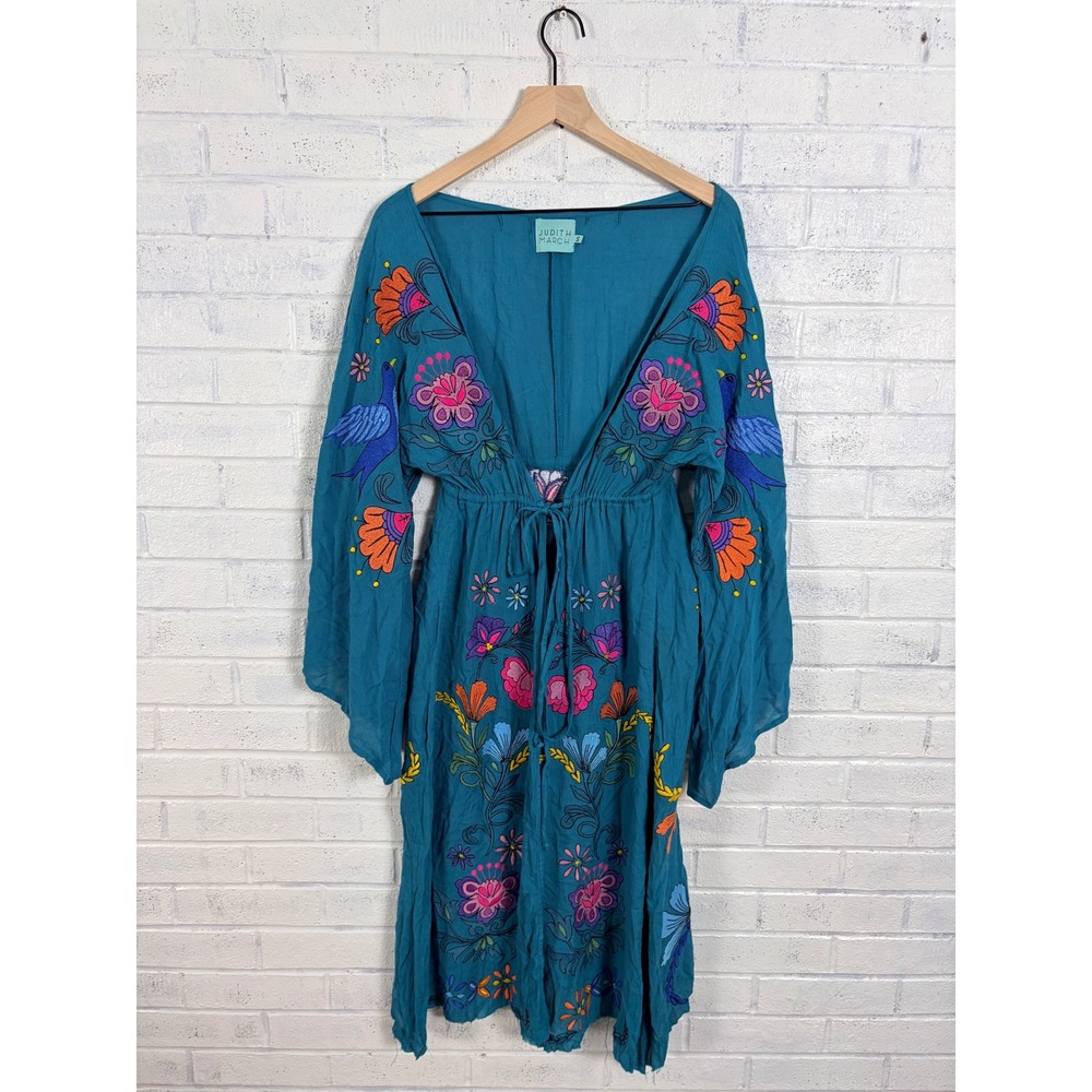 Judith March Cover Up Womens S Teal Embroidered Gauze Kimono Bird Floral Boho